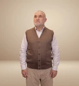 KEHİLA Erkek Kahverengi Baba Yeleği Önden Zarif Düğmeli Klasik Çift Cepli Rahat Kesim Ince Yün Triko - 6