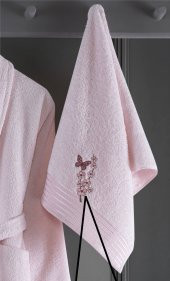 Alya Nakışlı Pamuklu 2 Parça Bornoz Seti Pembe - 4