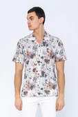 Erkek Fit Apaj Yaka Yandan Yırtmaçlı Kumaş Baskılı Rahat Gömlek - 1