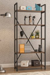 WOOD HOUSE -  DENİZ METAL 5 RAFLI KİTAPLIK-CEVİZ - 1