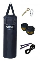 Desfabe Polydes 80x25 Cm Kolonlu Boks Kum Torbası Siyah+Askı Aparatı+El Sargı Bandajı+Atlama İpi - 1