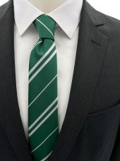 Brianze Yeşil Beyaz Çizgili Slyhterin Slim Kravat thumbnail 1