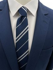 Brianze Lacivert Beyaz Çizgili Ravenclaw Slim Kravat - 1
