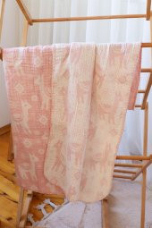 Vivamaison 100x100 cm Bebek Battaniyesi ve 35x45 cm Yastık Kılıfı Jakarlı 3 Kat Müslin Pembe Geyik - 4