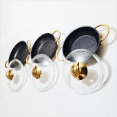 Çift Kulplu Cam Kapaklı Döküm Granit Kaplama 3lü Sahan Tava Seti Takımı - 2