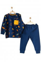 Andywawa Erkek Çocuk Dinazor Temalı Alt Üst Lacivert Pijama Takımı AC23404 - 1