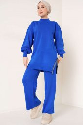 Lugmo Kadın Yanı Zincir Püsküllü Tesettür Triko Tunik Üst Mavi - 1