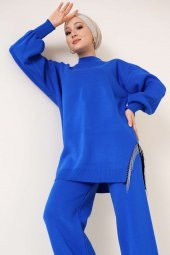 Lugmo Kadın Yanı Zincir Püsküllü Tesettür Triko Tunik Üst Mavi - 3