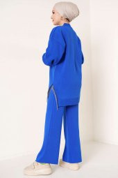 Lugmo Kadın Yanı Zincir Püsküllü Tesettür Triko Tunik Üst Mavi - 4