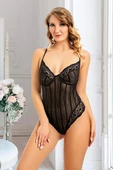 Sistina Bayan Siyah Dantelli Çizgili Bodysuit Çıtçıtlı Body 876 thumbnail 1