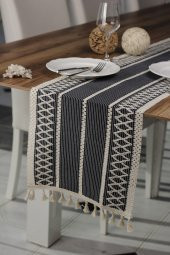 Örme Lacivert Runner , Püsküllü Organik Pamuk Dantel Örme Runner 35x155 Cm Regina Runner Örtüsü - 1