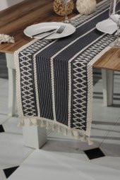 Örme Lacivert Runner , Püsküllü Organik Pamuk Dantel Örme Runner 35x155 Cm Regina Runner Örtüsü - 2