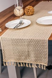 Örme Runner Krem Runner Ham Pamuk Dantel Örme Püsküllü Runner 35x155 Cm Krem Pamuk Runner Liana - 1