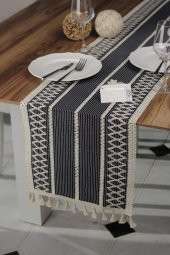 Örme Lacivert Runner , Püsküllü Organik Pamuk Dantel Örme Runner 35x155 Cm Regina Runner Örtüsü - 3