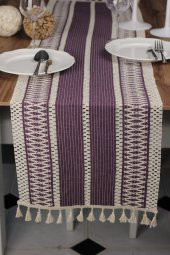 Dantel Mor Runner Püsküllü Organik Pamuk 35x155 Cm Regina Runner Masa Sunum Örtüsü Ham Pamuk Runner - 3