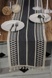 Örme Lacivert Runner , Püsküllü Organik Pamuk Dantel Örme Runner 35x155 Cm Regina Runner Örtüsü - 4