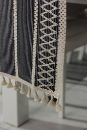 Örme Lacivert Runner , Püsküllü Organik Pamuk Dantel Örme Runner 35x155 Cm Regina Runner Örtüsü - 5