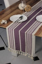 Dantel Mor Runner Püsküllü Organik Pamuk 35x155 Cm Regina Runner Masa Sunum Örtüsü Ham Pamuk Runner - 1