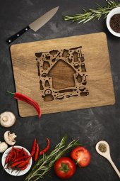 20x30 cm Ahşap Ev Desenli Cam Kesme Tablası/Tahtası - 1
