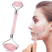 Jade Roller Pembe Yüz Masaj Aleti Cilt Yenileme Doğal Kuvars Taşı - 1