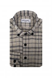 SÜVARİ Slim Fit Desenli Flanel Uzun Bej Erkek Gömlek - 1