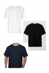 Blues Pamuk Likra Yarı Oversize Fit Yuvarlak Yaka T-Shirt 3lü - 3