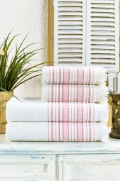 Louis Marie | 50x90 + 70x140 cm | Saçak Detaylı | 100 Pamuk | Pudra | 4 Adet | Banyo Havlu Seti - 1