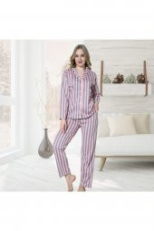 Işılay Pembe Gri Çizgili Pijama Takımı - 1