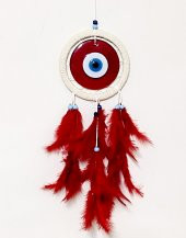 Cam Nazar Boncuklu Kırmızı Kuş Tüylü Dream Catcher Düş Kapanı Duvar Süsü thumbnail 1