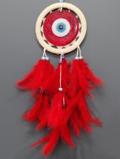 Cam Nazar Boncuklu Kırmızı Kuş Tüylü Dream Catcher Düş Kapanı Duvar Süsü thumbnail 3