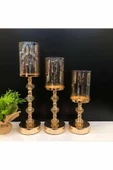 Kristal Taşlı Ayaklı Gold Şamdan Mumluk Kaliteli 3'lü Set -6010 - 2