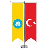Kalmukya Cumhuriyeti Bayrağı ve Türkiye - Kırlangıç - Saten T direk 2li Masa Bayrağı - 1