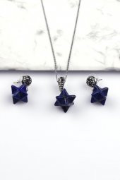 Lapis Lazuli Doğal Taş Merkaba Kolye - Küpe 2li Set - 1