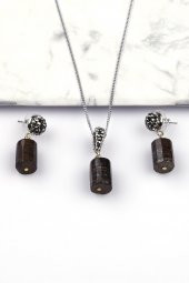 Bronzit Doğal Taş Silindir Kesim Kolye - Küpe 2li Set - 1