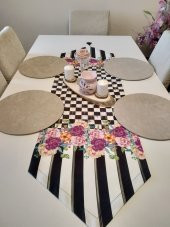 Ayşemce amerikan servis takım 4 krem renk supla, damalı ,(mackenzie çiçek desenli) runner. - 1