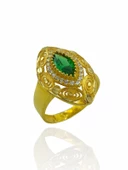 8 Ayar Mekik Zümrüt Taş Maraş Kalemkar İşleme Altın Yüzük thumbnail 2