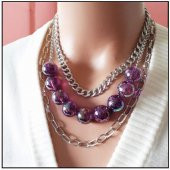 Gümüş Renk Zincir Kadın Çoklu Mor Boncuk Kolye thumbnail 1