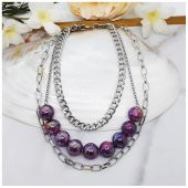 Gümüş Renk Zincir Kadın Çoklu Mor Boncuk Kolye thumbnail 2