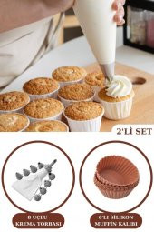 Silicolife 6’lı Airfryer Silikon Kek Muffin Kalıbı ve 8 Uçlu Krema Sıkma Torbası Duy Seti - 1