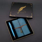 Metal Kalem Ve Mavi Deri Defter - 1