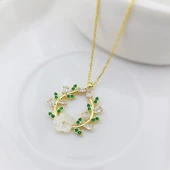 Vaoov 925 Ayar Gümüş Yeşil Taşlı Sedef Çiçek Kolye thumbnail 2