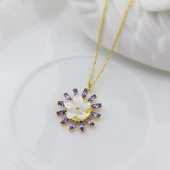 Vaoov 925 Ayar Gümüş Mor Taşlı Çiçek Kolye thumbnail 2