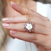 Vaoov 925 Ayar Gümüş Mor Taşlı Çiçek Kolye thumbnail 3