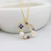 Vaoov 925 Ayar Gümüş Lacivert Taşlı İncili Çiçek Kolye thumbnail 1