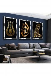 Lale ve Secde Eden Adam Dini GÜMÜŞ Pleksi Kenar 3lü Mdf Tablo Seti - 1