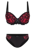 Alışveriş Meydanı Kadın Siyah Kırmızı Dantelli Desteksiz Dolgusuz Sütyen ve Külot Takımı - 1