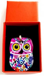 Pembe Renkli Füzyon Cam Malzemeden Hediye Kutusunda Baykuş Anahtarlık - 3