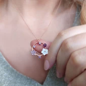 Vaoov 925 Ayar Gümüş Mor Taşlı Sedef Çiçekli Kolye thumbnail 4