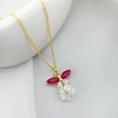 925 Ayar Gümüş Kadın Kırmızı Taşlı Çiçek Kolye thumbnail 2