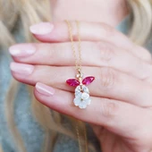 925 Ayar Gümüş Kadın Kırmızı Taşlı Çiçek Kolye thumbnail 1